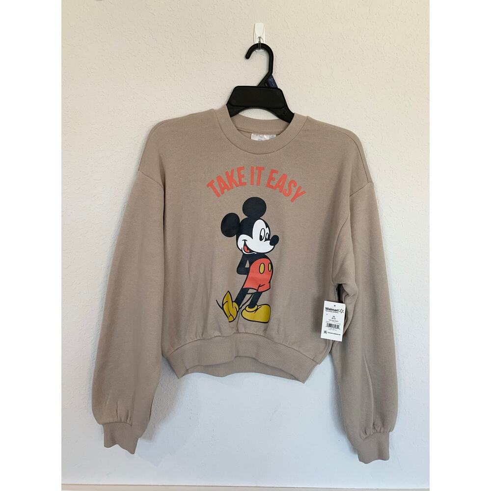 Disney Mickey Mouse Take It Easy Taupe Crop Sweatshirt Large Women’s XS